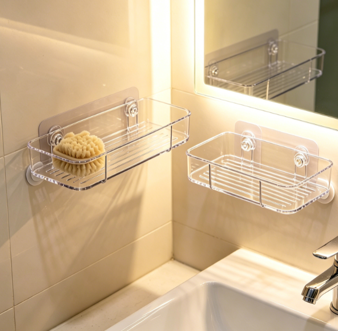 Two clear acrylic corner shelves with adhesive pads.
