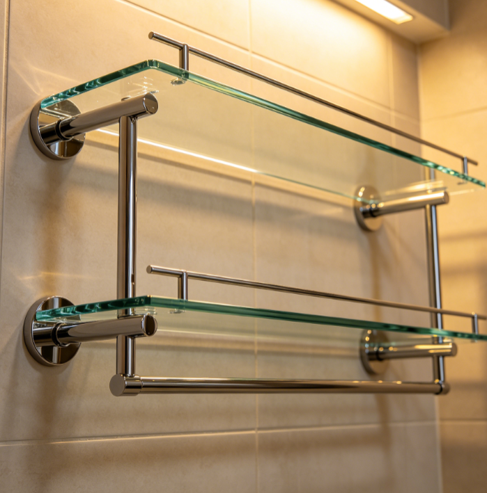 Tempered glass shelf with stainless steel brackets.
